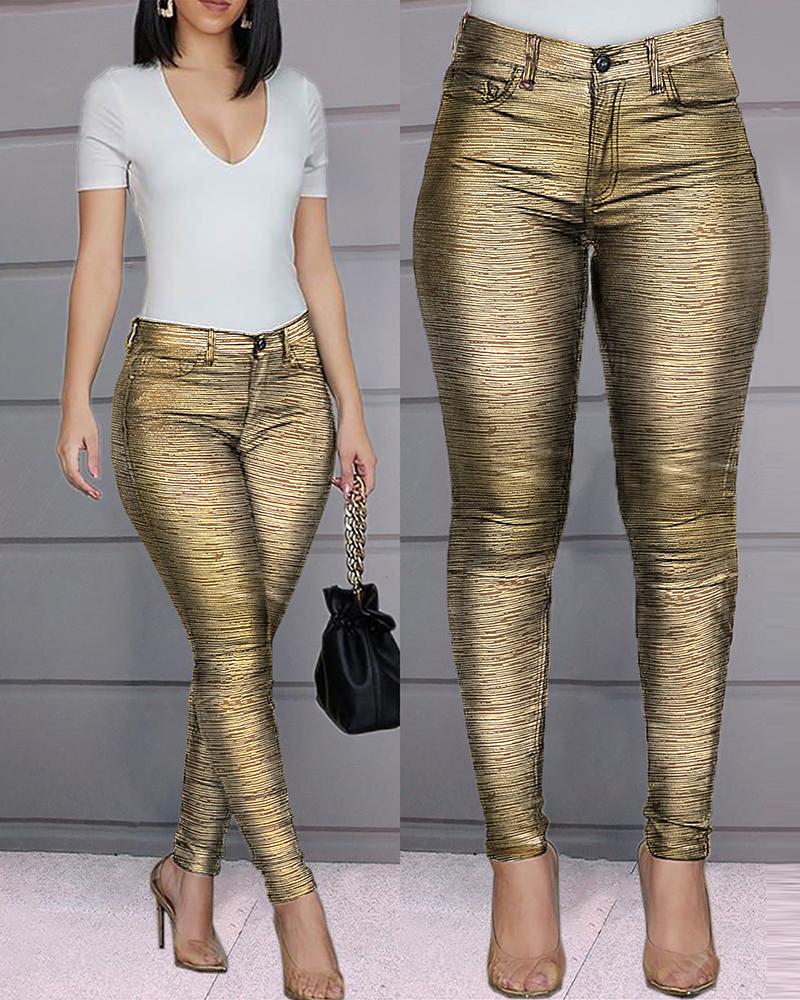 

Glitter Zipper Casual Pants, Gold
