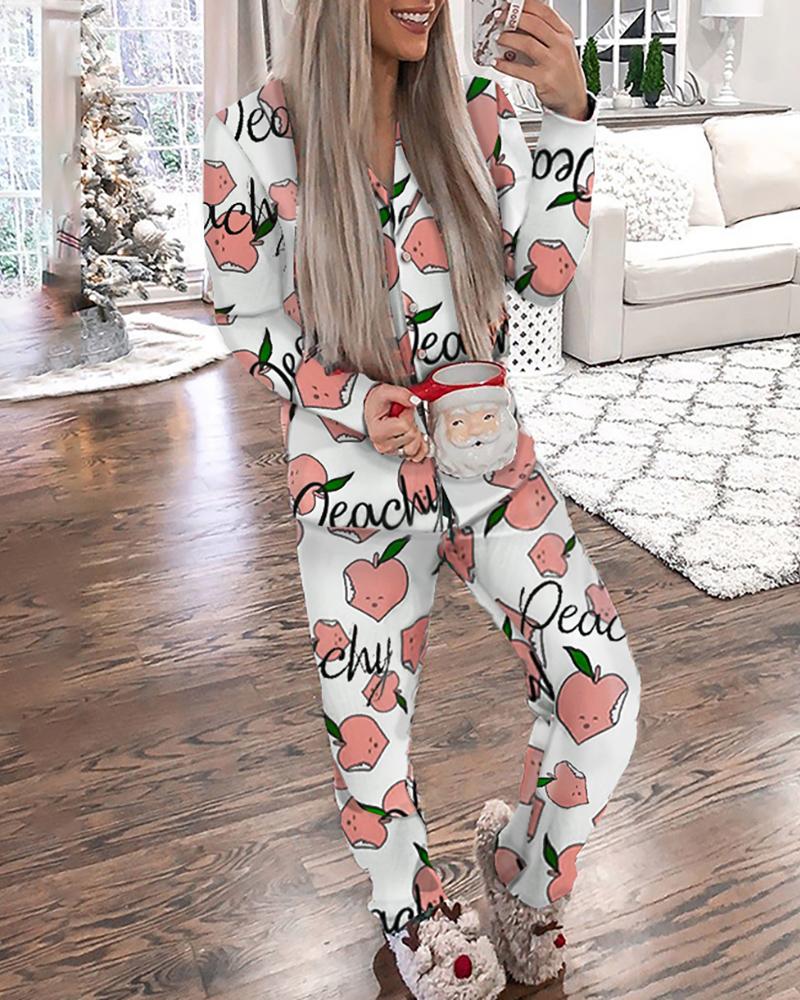 

Peach Letter Print Button Design Pajamas Set, Multicolor