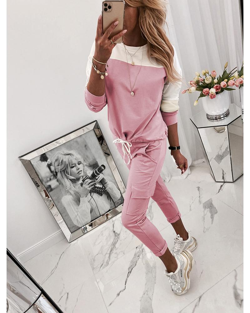 

Round Neck Colorblock Top & Drawstring Pocket Pants Sets