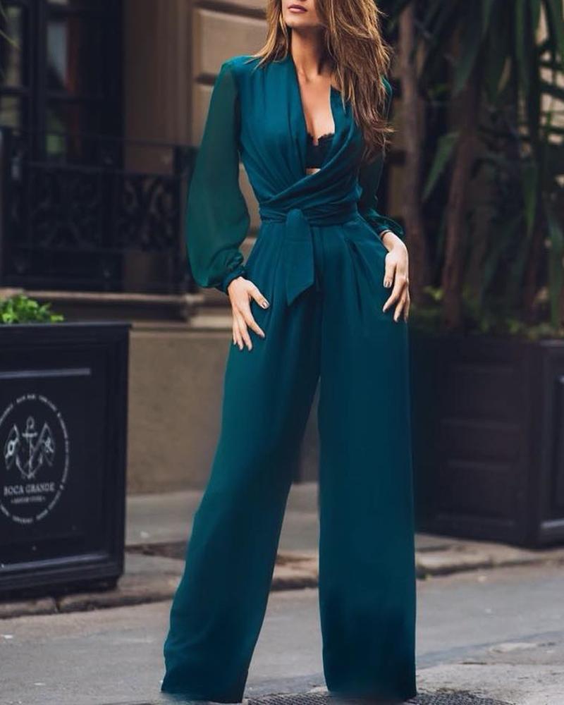 

Solid Plunge Lantern Sleeve Wide Leg Jumpsuit, Green