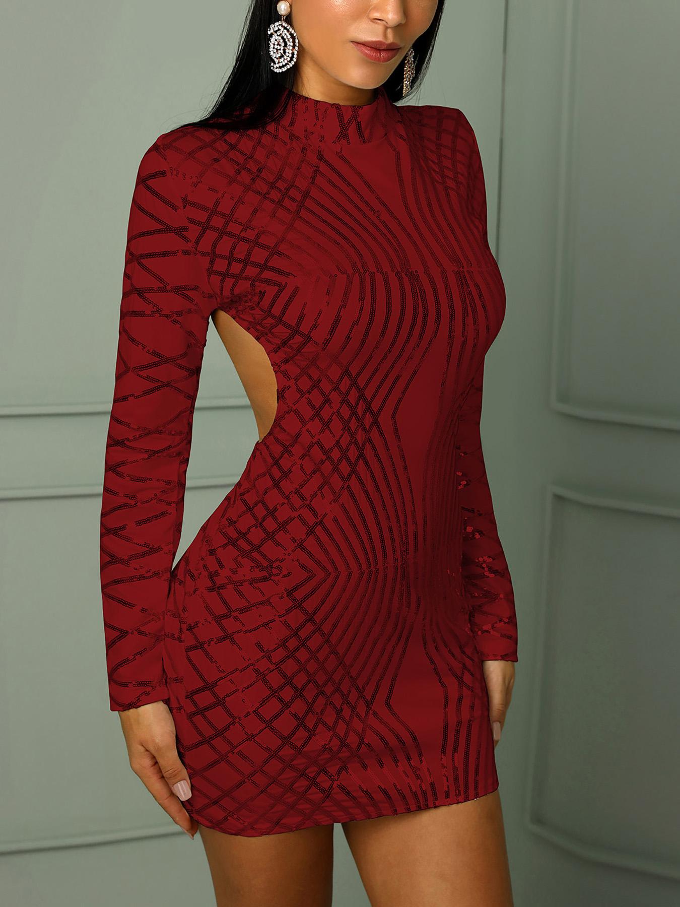 

Sexy Open Back Sequined Mini Dress, Wine red