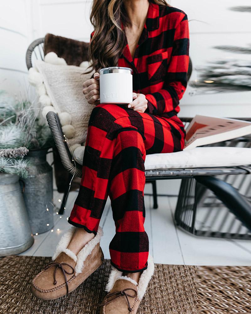 

Plaid Colorblock Long Sleeve Pajamas Set, Red