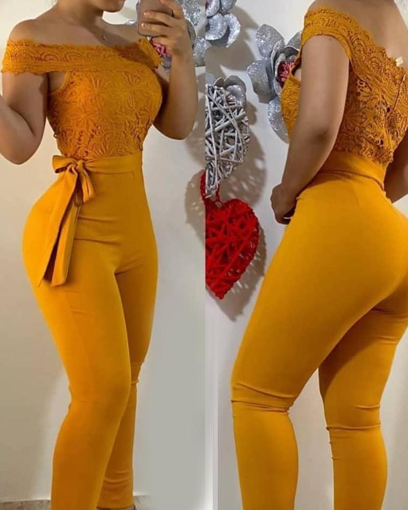 

Off Shoulder Lace Skinny Jumpsuit, Yellow