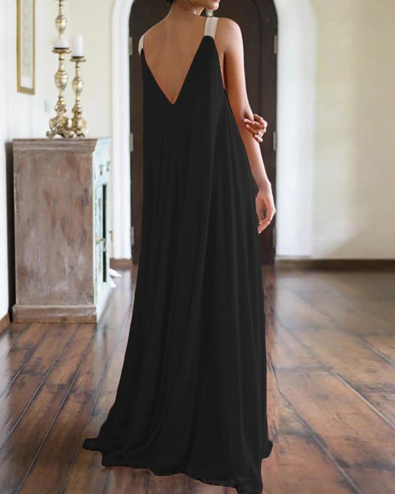

Colorblock Thick Strap Open Back Ruffles Maxi Dress, Black