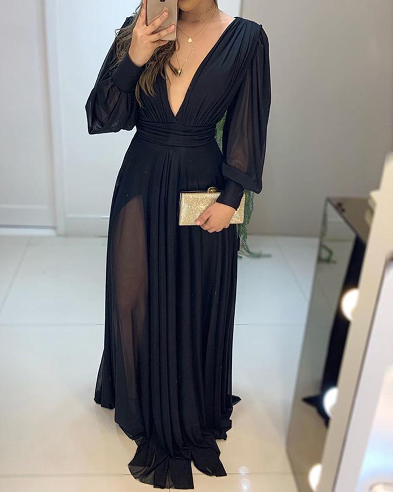 

Black Plunge Neck Sheer Mesh Maxi Dress
