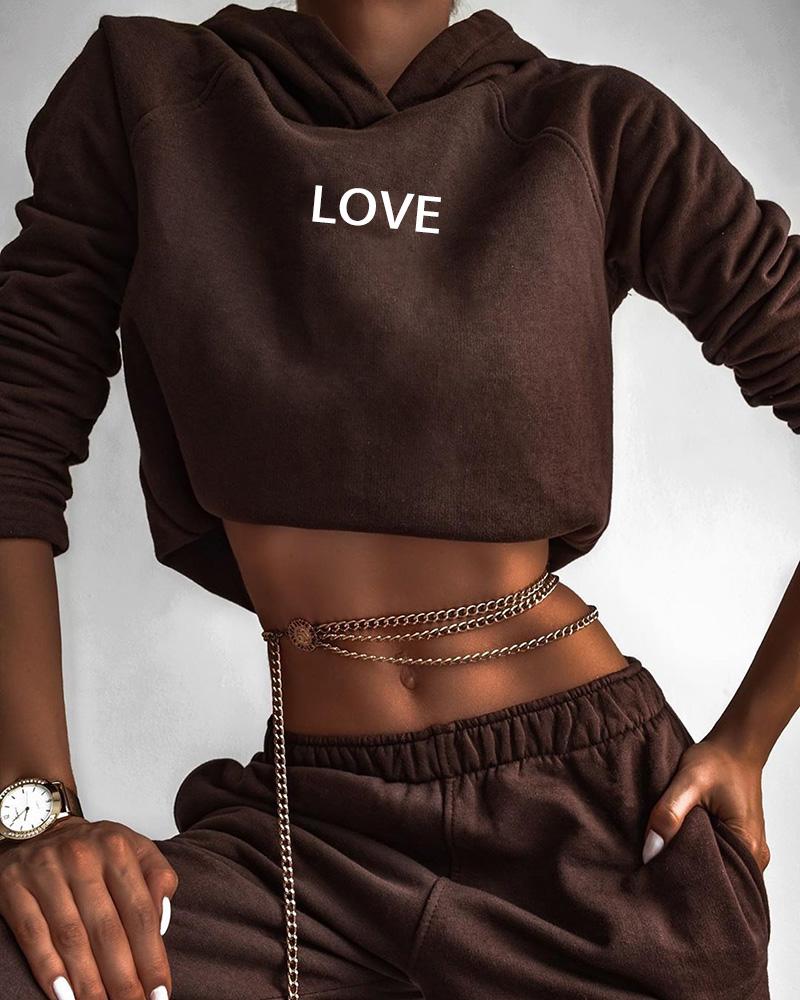 

Letter Print Casual Hooded Top & High Waist Pants Set, Dark brown