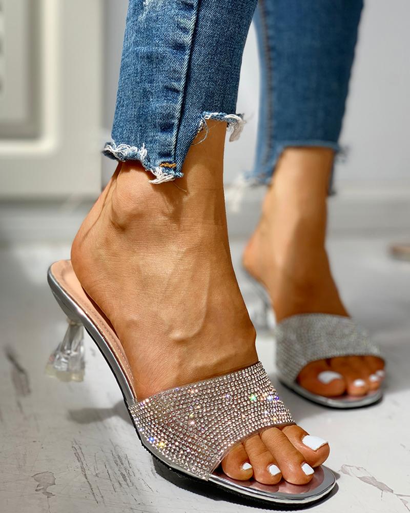 

Glitter Studded Open Toe Thin Heels, Silver