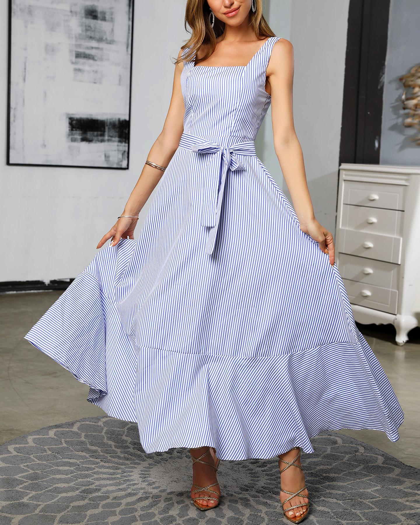 

Striped Square Neck Ruffles Hem Dress, Blue