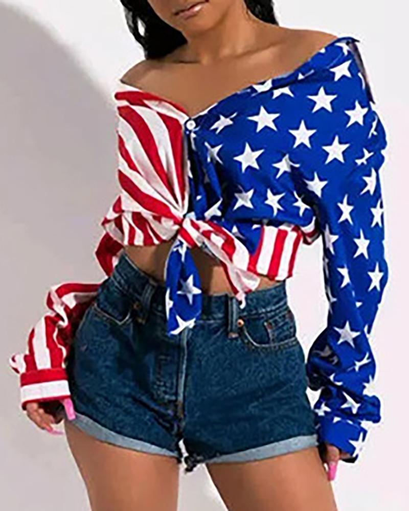 

Flag Print Button Design Long Sleeve Shirt, Dark blue