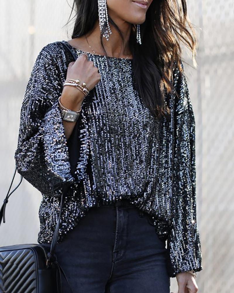 

Long Sleeve Sequins Blouse, Black
