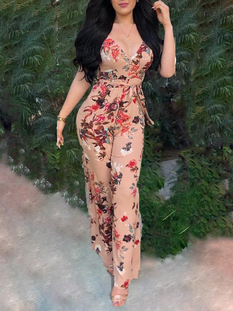 

Floral Print Spaghetti Strap Belted Jumpsuit