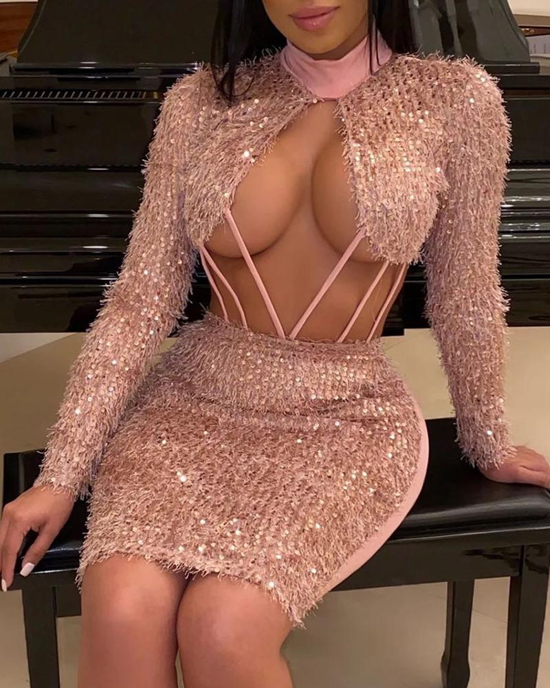 

Mock Neck Sequins Fluffy Cut Out Long Sleeve Bodycon Dress, Pink