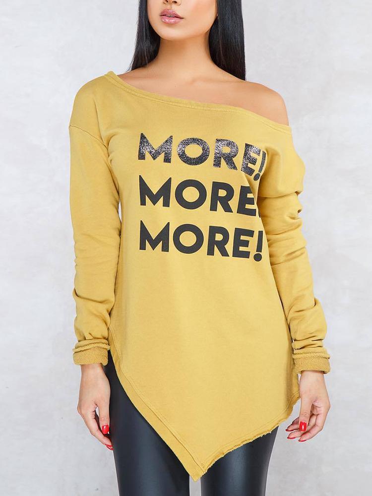 

Letter Print Skew Neck Irregular Sweatshirt, Yellow