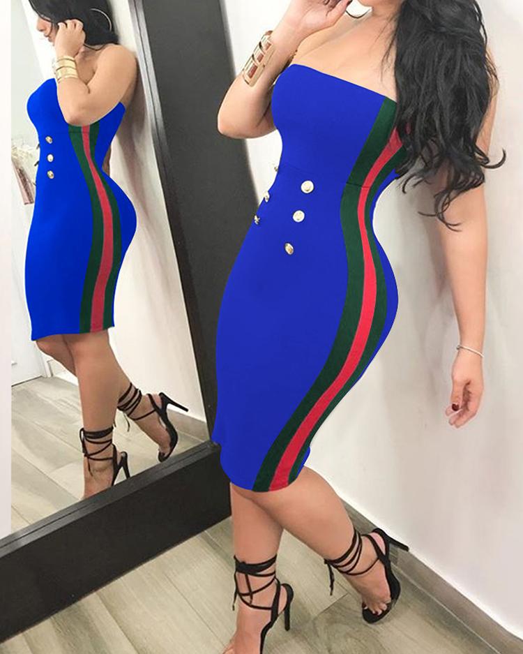 

Side Stripes Button Off Shoulder Midi Dress, Blue