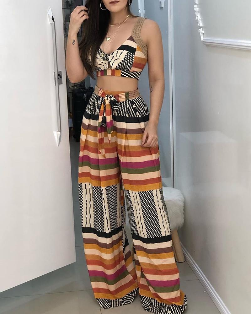 

Striped Print Crop Top & Wide Leg Pants Set, Multicolor
