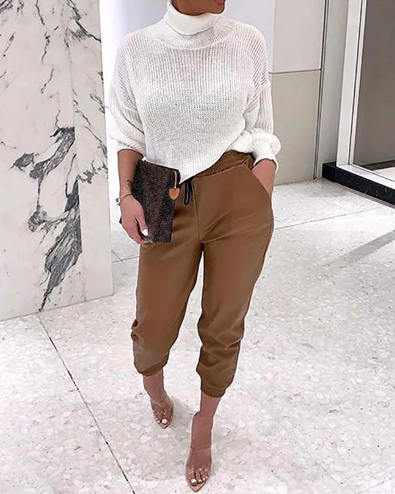 

Solid Faux Leather Pants, Brown