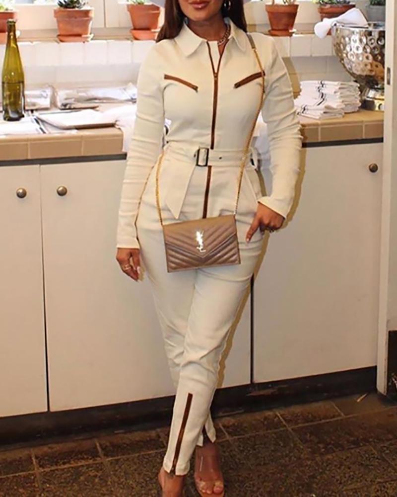 

Turn-down Collar Long Sleeve Zipper Slit Jumpsuit, White