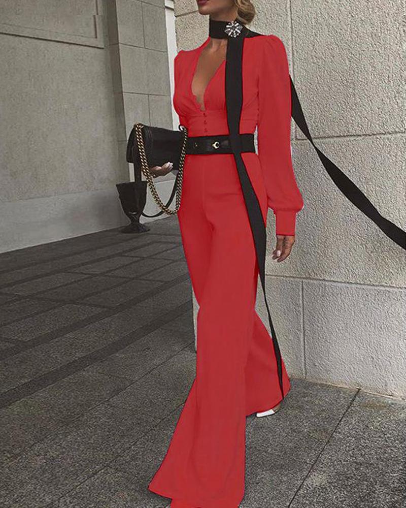 

Solid V Neck Flare Jumpsuit, Red