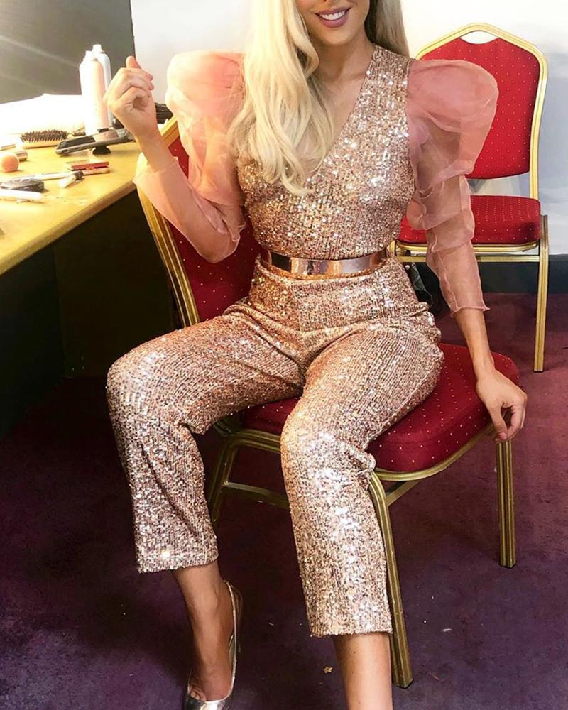 

V Neck Mesh Sleeve Sequined Jumpsuit, Gold