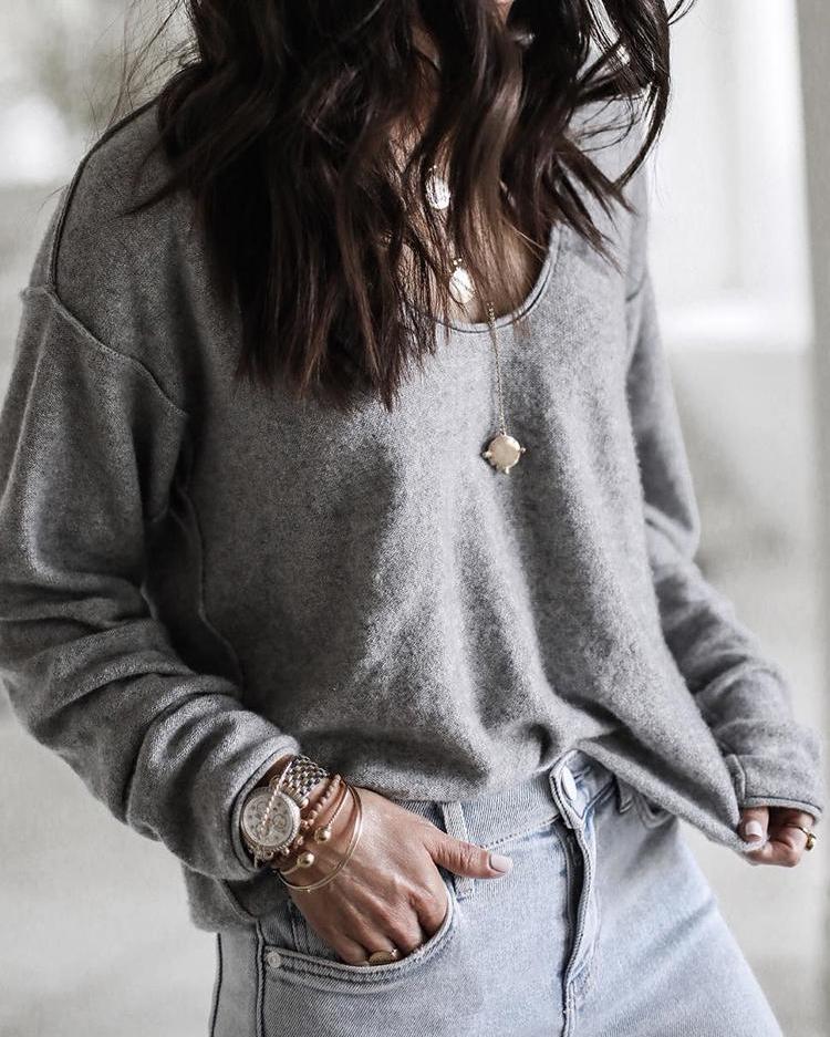 

Solid Fluffy Long Sleeve Reversible Casual Sweatshirt, Gray