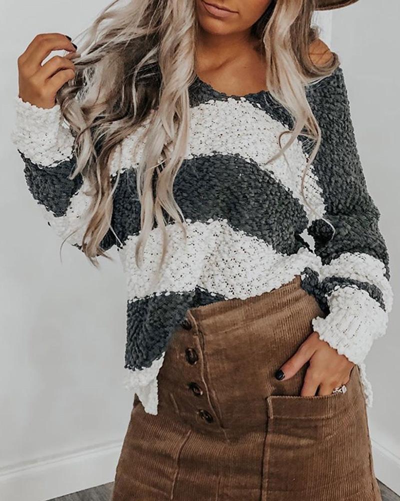 

V-Neck Colorblock Striped Knitting Sweater