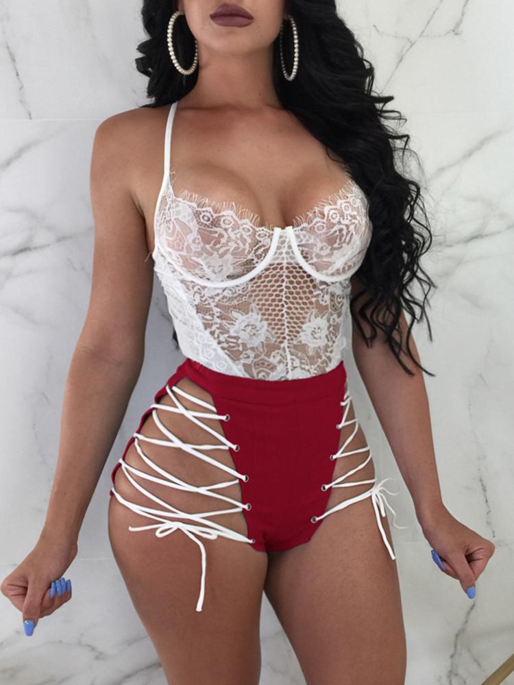 

Sexy Lace Up Zipper Back Mini Shorts, Red