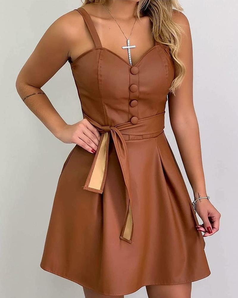 

Button Front PU Leather Casual Dress, Brown