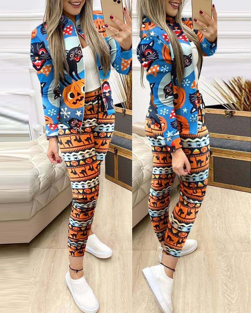 

Halloween Mixed Print Jacket & Drawstring Pants Set, Multicolor