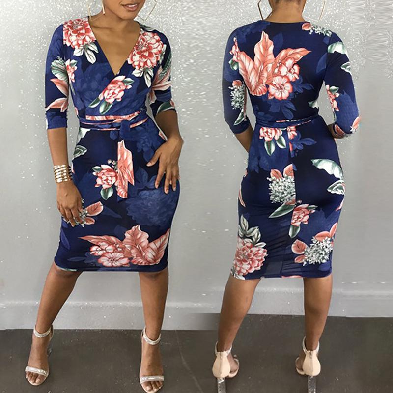 

Floral V Neck Belted Bodycon Dress, Multicolor