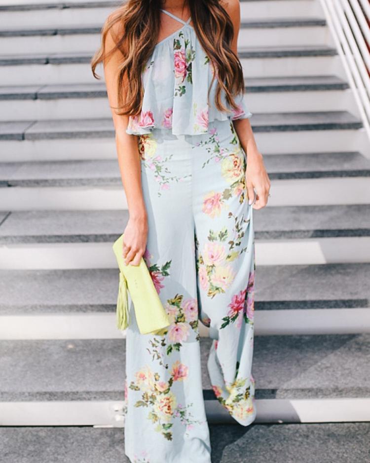 

Boho Style Ruffled Strappy Wide Leg Floral Jumpsuit