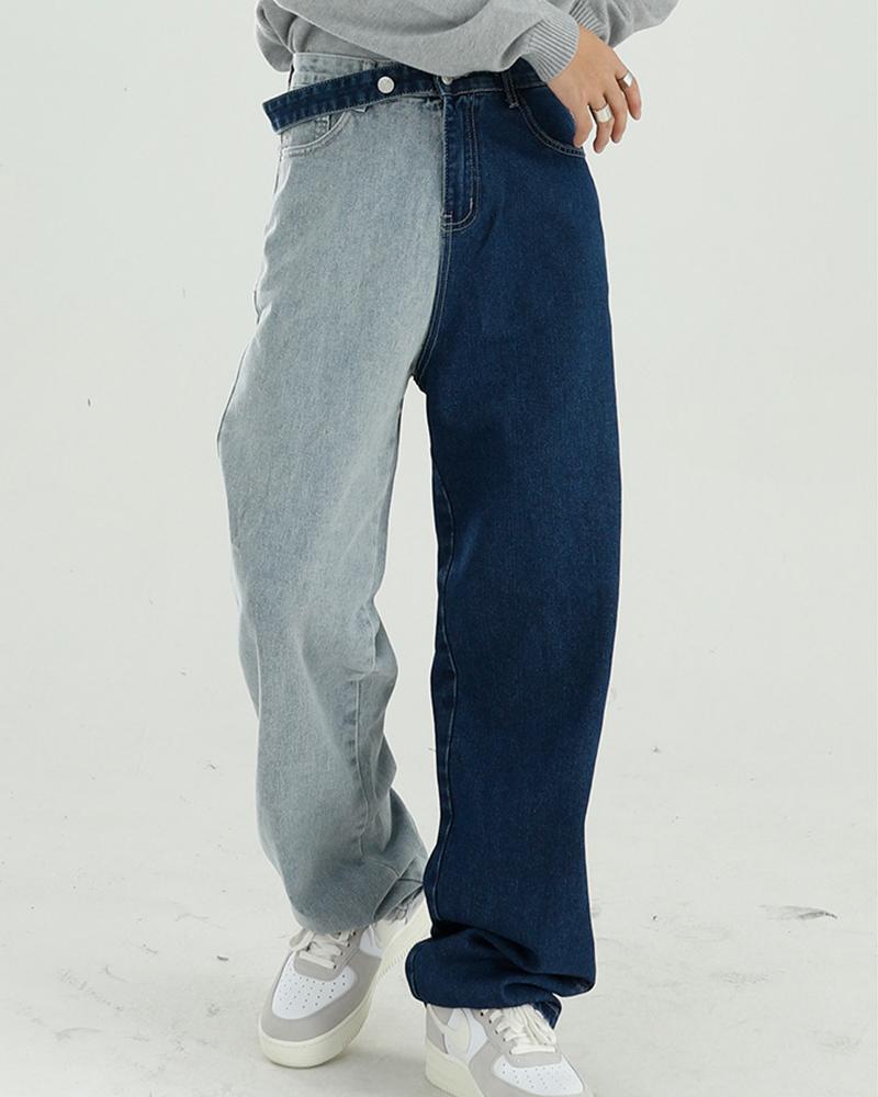 

Color Block Loose Straight Jean Pants, Blue