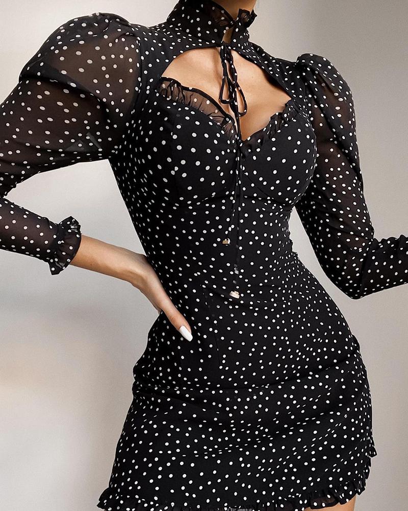 

Dot Print Cutout Tie Front Puffed Sleeve Bodycon Dress, Black