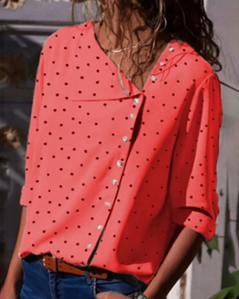 

Button Up Dot Print Casual Blouse, Red