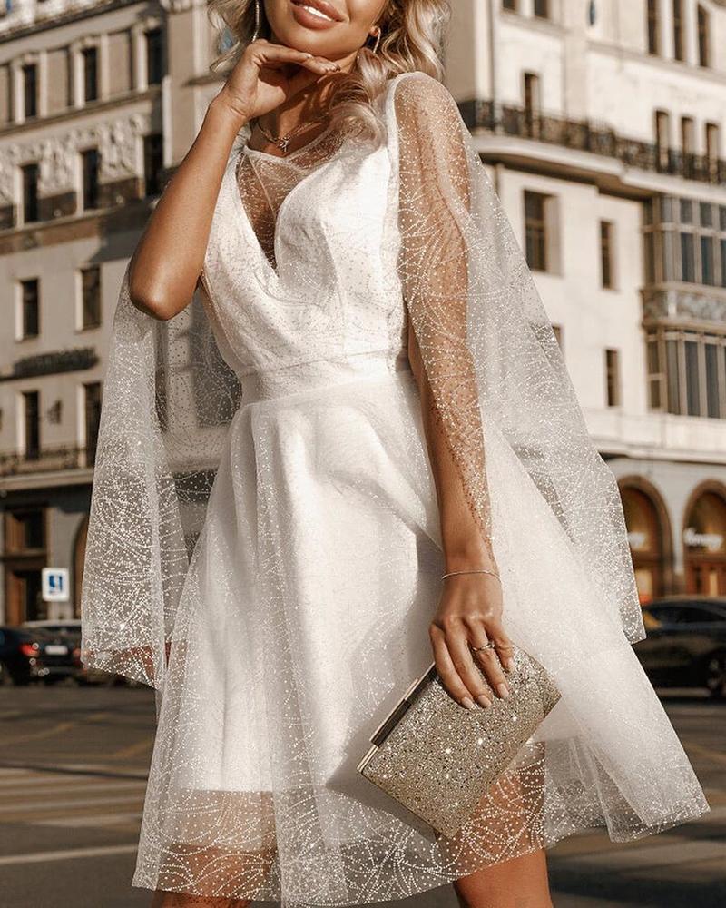 

Glitter Sheer Mesh Patchwork Cape Sleeve Dress, White