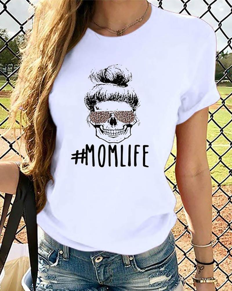 

Letter Print Skull Pattern Short Sleeve T-shirt, White