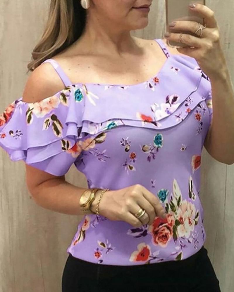 

Floral Print Ruffled Cold Shoulder Tops, Purple