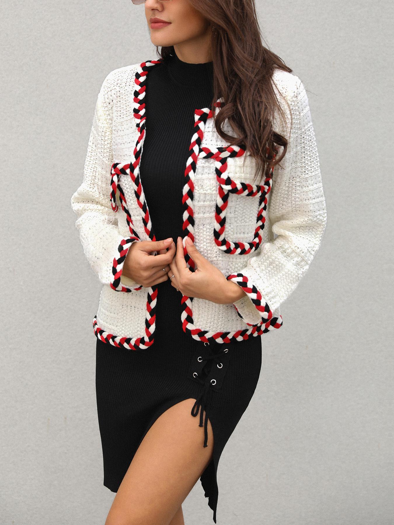

Open Front Contrast Trim Tweed Coat, White