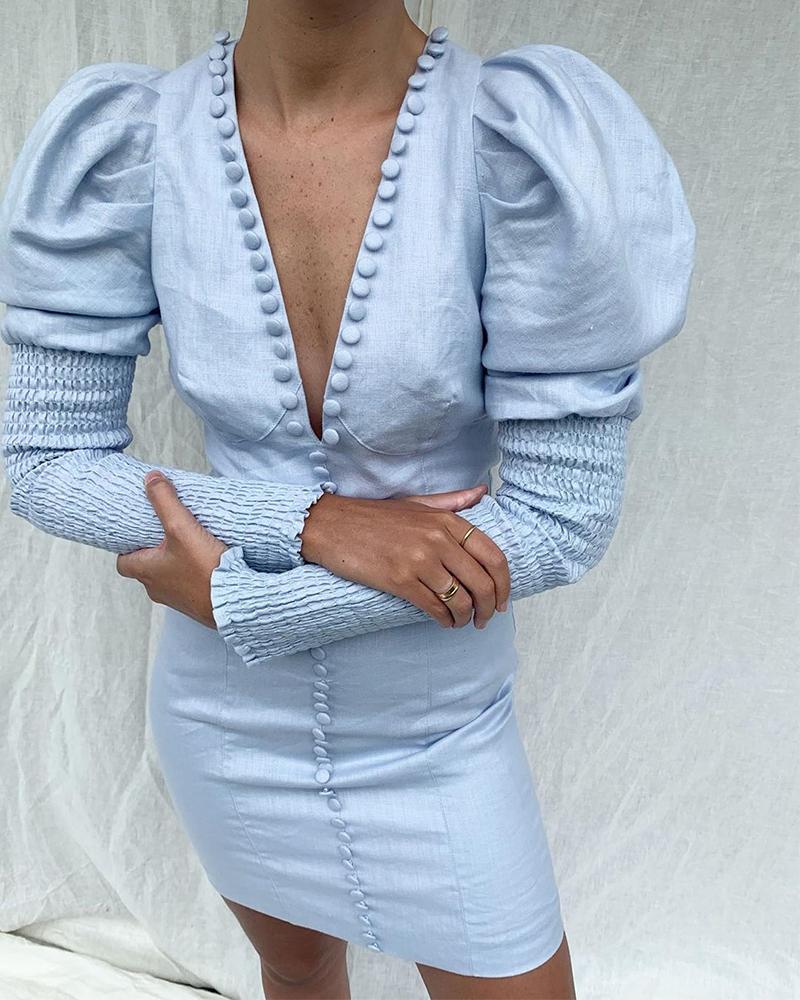

Deep V Puff Sleeve Dress