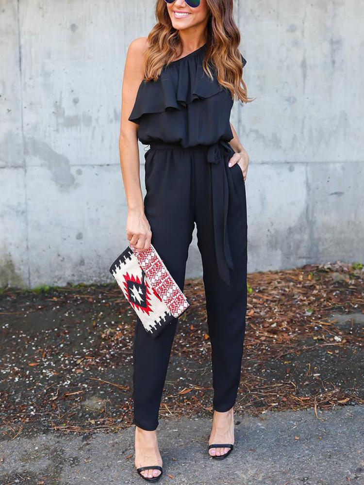 

One Shoulder Ruffled Casual Jumpsuit, Wine red