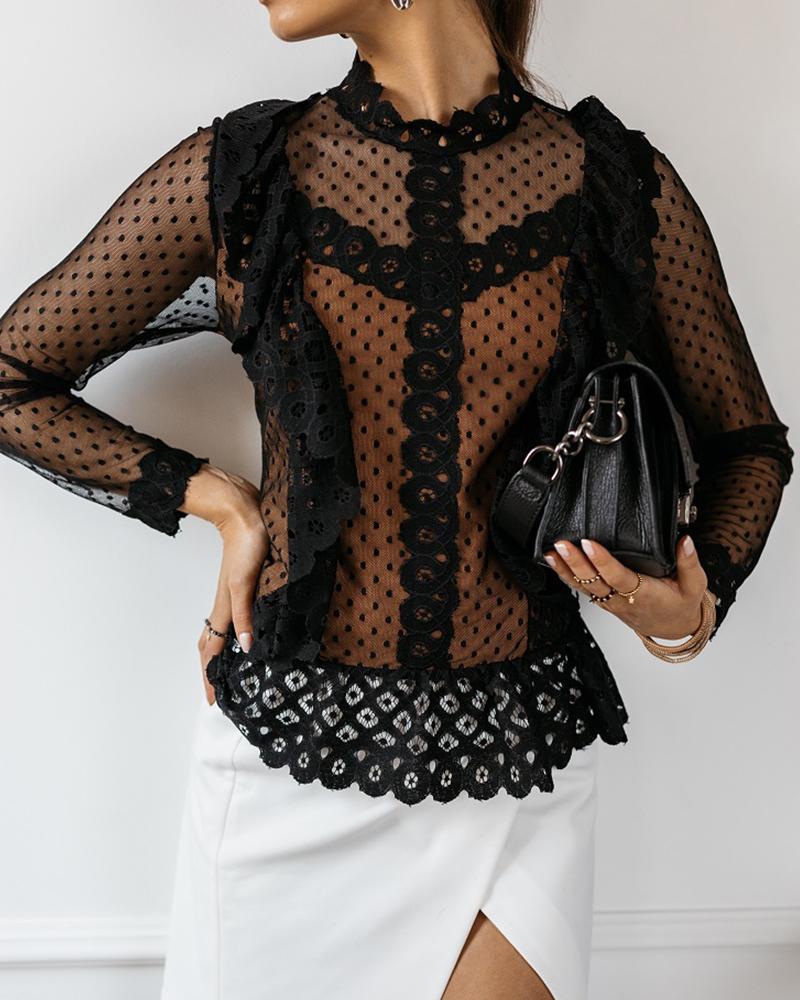 

Polka Dot Lace Trim Mesh Top, Black