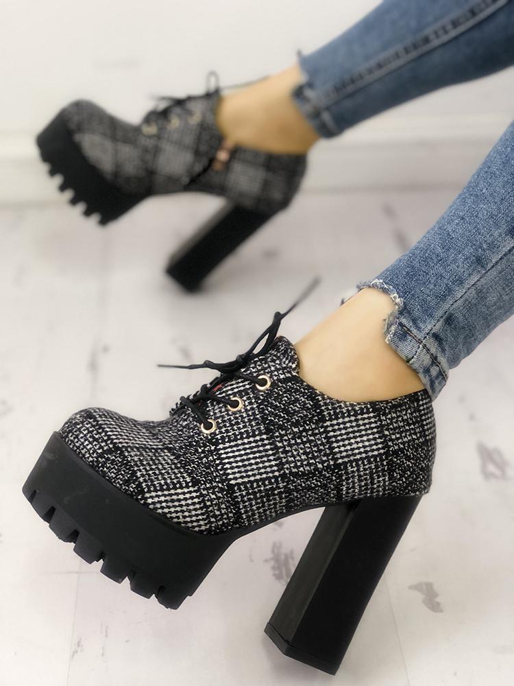 

Plaid Print Lace-Up Eyelet Platform Chunky Heels, Black