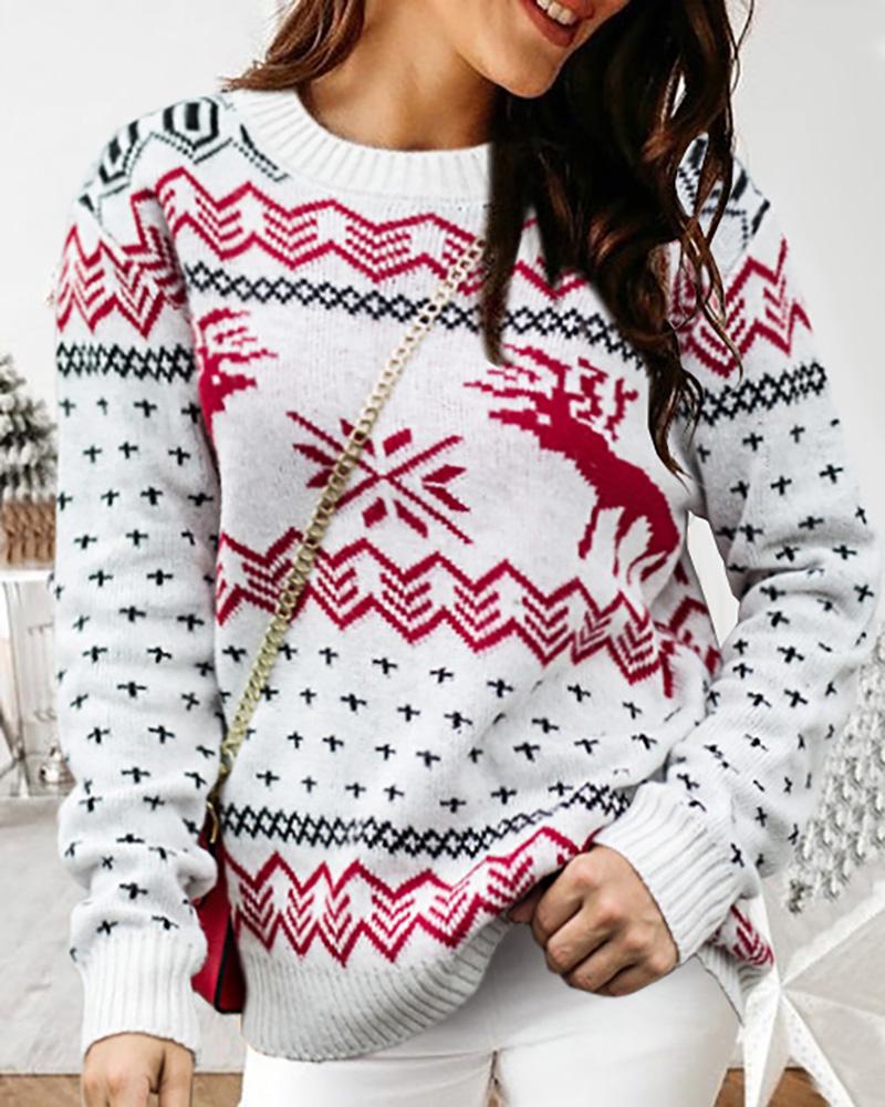 

Christmas Moose Print Colorblock Knit Ugly Sweater, White