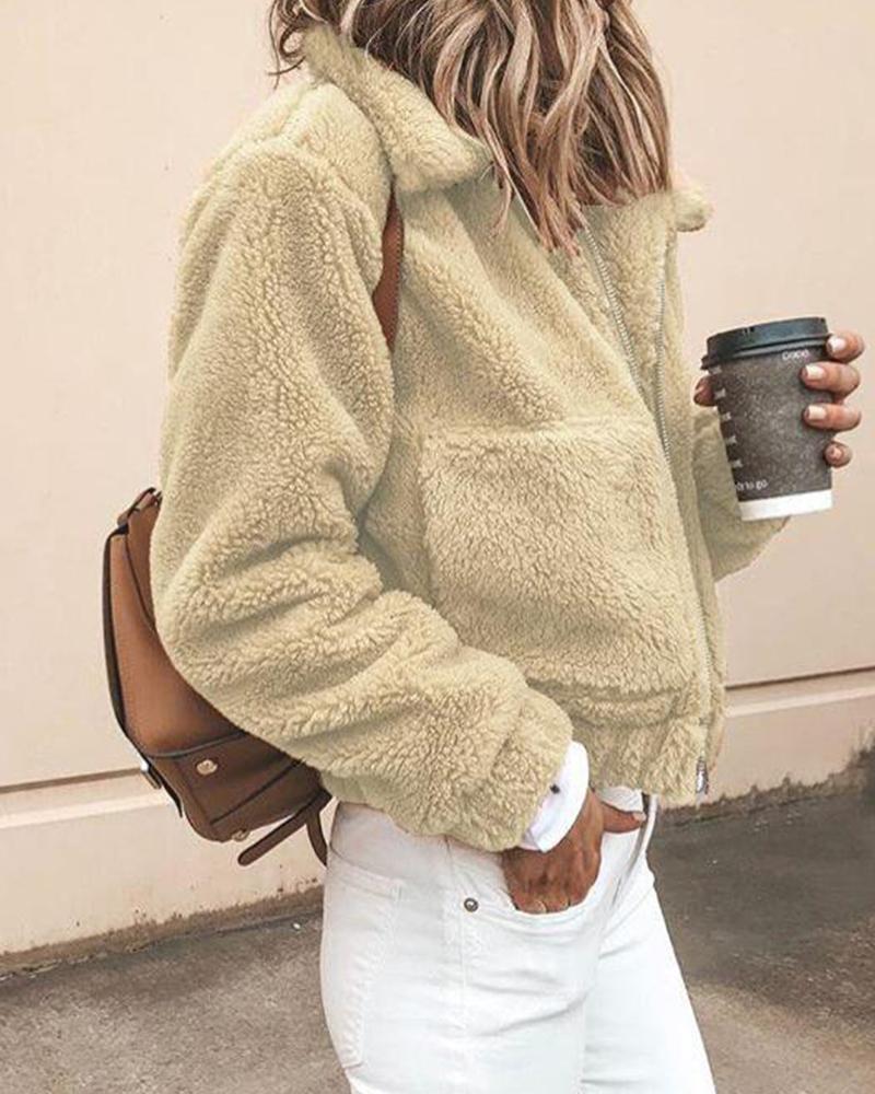 

Solid Turn-down Collar Pocket Fluffy Coat, Khaki