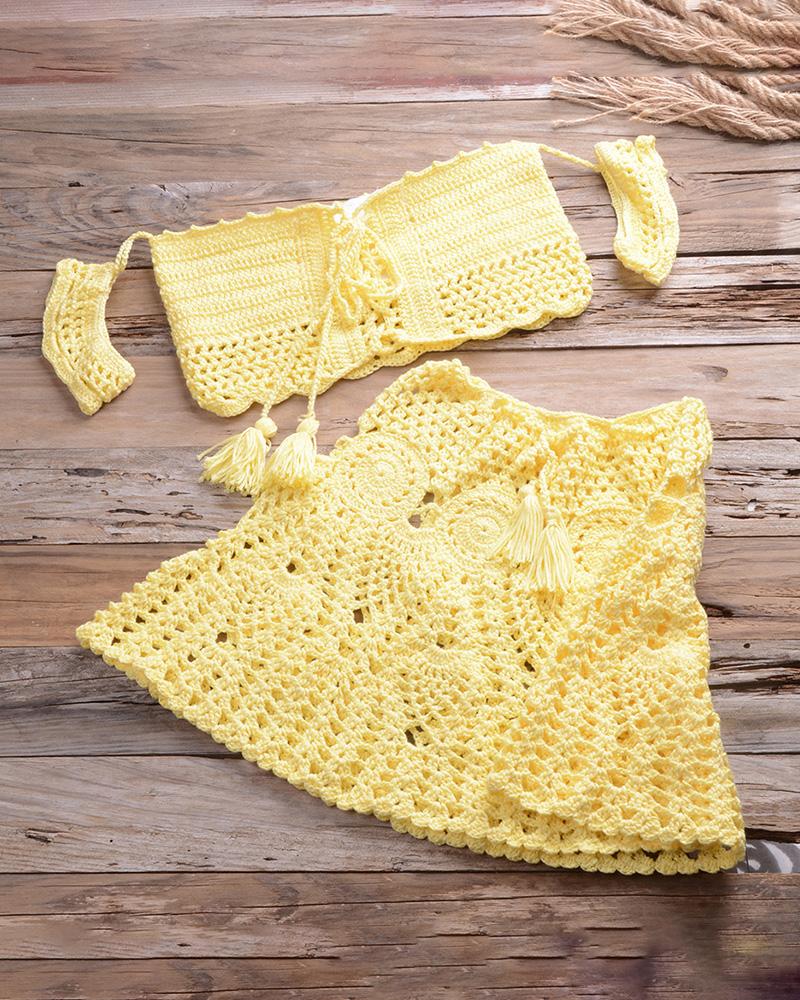 

Hollow Out Tassel Design Crochet Tankini Set, Yellow