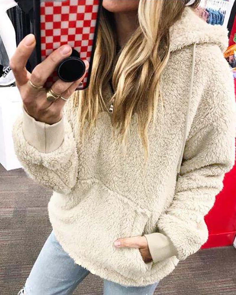 

Hooded Zipper Design Casual Fluffy Sweatshirt, Beige