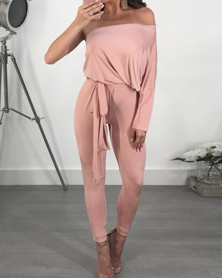 

One Shoulder Batwing Sleeve Belted Jumpsuit, Pink