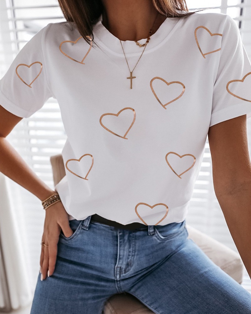 

Heart Print Short Sleeve Casual T-shirt, White