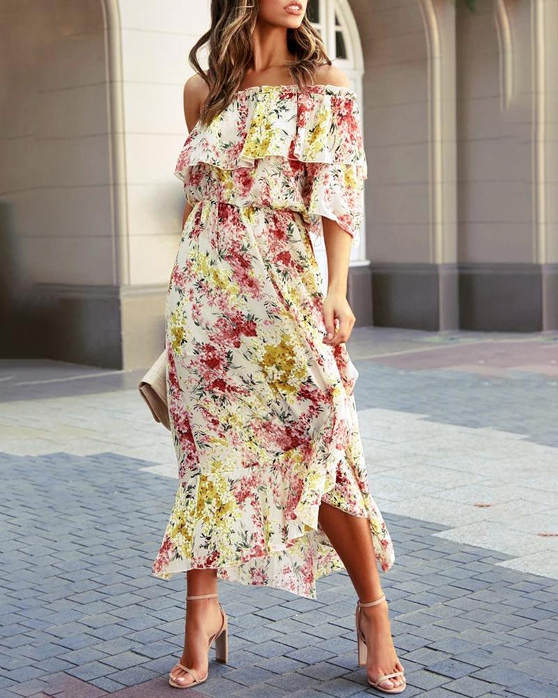 

Floral Print Off Shoulder Frill Hem Ruffles Dress, White