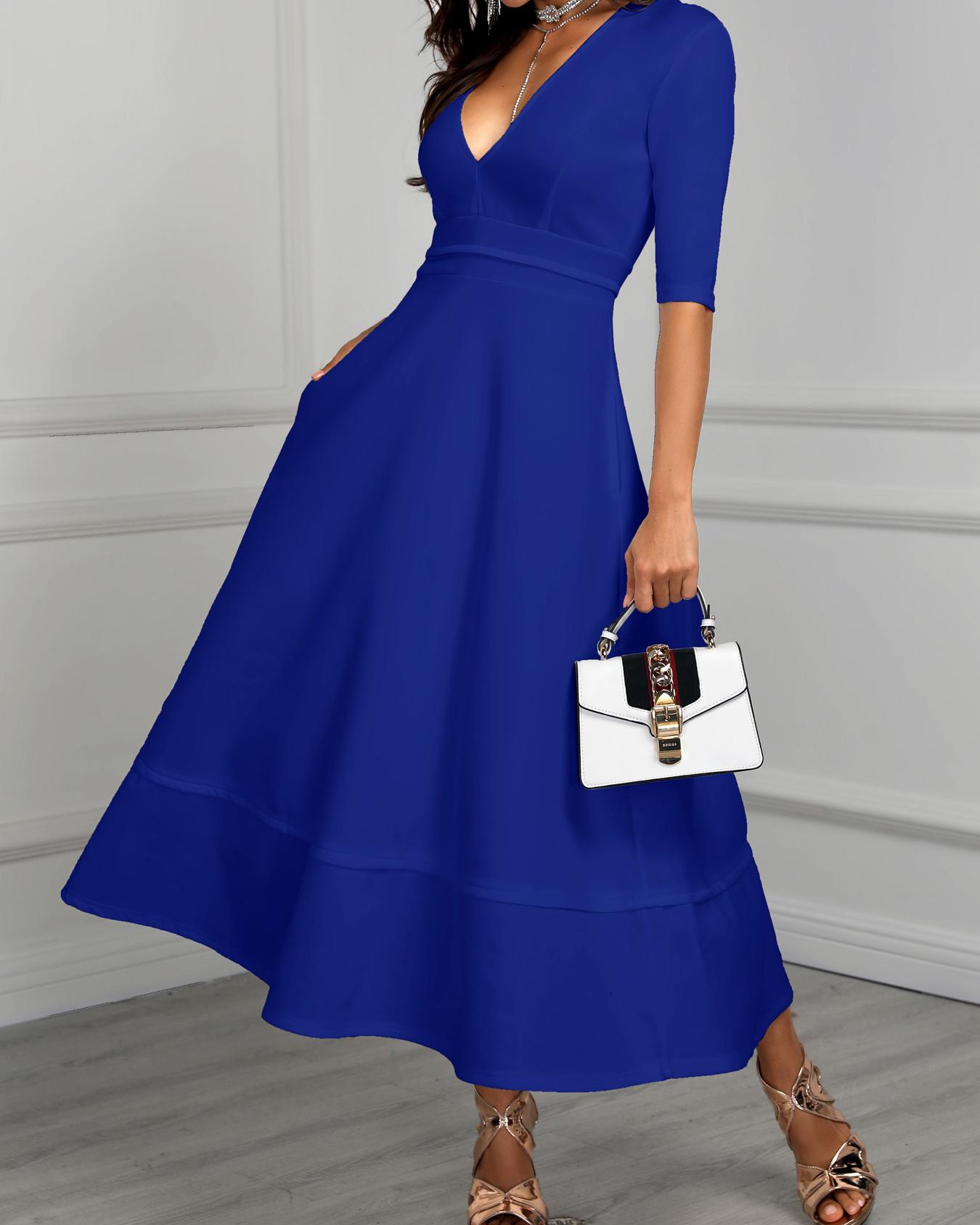 

New Style Pleated Deep V Neck High Waist Maxi Dress, Blue