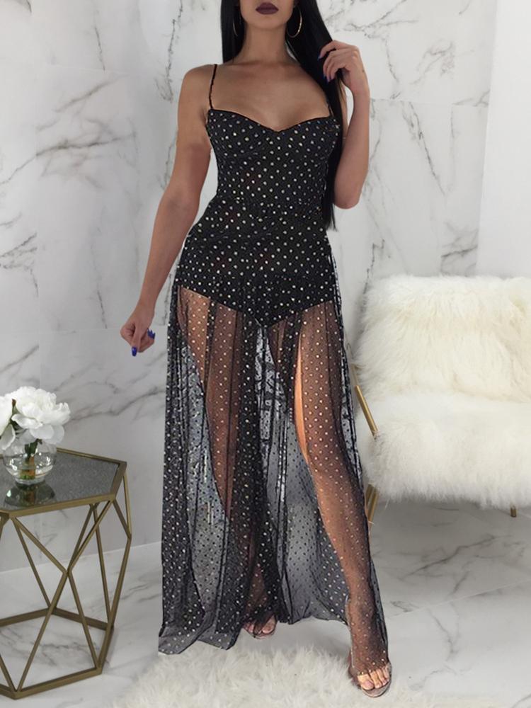 

Dot Print Sheer Mesh Bodysuit Maxi Dress